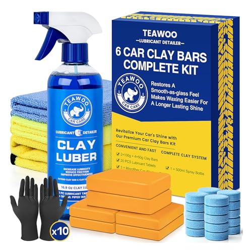 TEAWOO Car Clay Bars Kit, 6 Clay Bars & 20 PCS Lubricant Tablets, Complete Car Detailing Kit, Spray Bottle, Disposable Gloves and Microfiber Towels for Car Detailing Cleaning