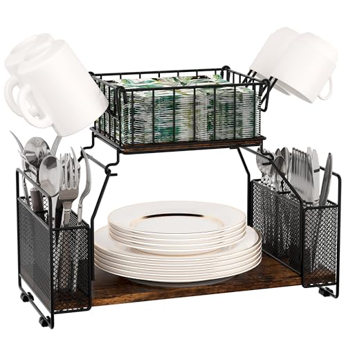 TQVAI Paper Plate Organizer, 2-Tier Countertop Silverware Utensils Napkin Holder for Party, Outdoor Buffet Picnic Caddy Camping Essentials Holder for Plates and Utensils, Black/Antique