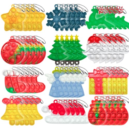 60PCS Christmas Mini Pop Keychain Fidget Toy, Mini Push Pop Bubble Fidget Sensory Toy Keychains, Christmas Pop Fidget Toys, and Decorations for Kids Party Favors Decors (60PCS)