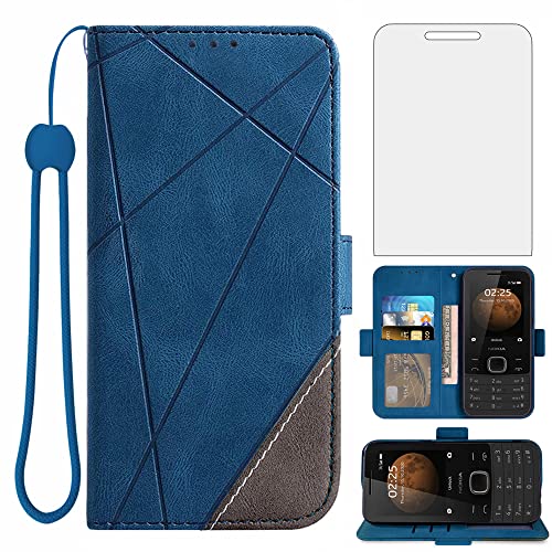 Asuwish Compatible with Nokia 225 4G 2020 Wallet Case and Screen Protector Rugged Wrist Strap Leather Flip Cover Card Holder Stand Cell Accessories Phone Cases for Nokia225 G4 TA-1282 Women Men Blue