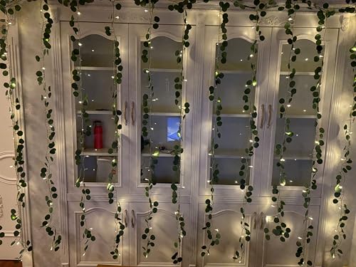 Lfasww Vines with Lights 240 LED Eucalyptus Garland with Lights with Remote, Curtain Lights for Bedroom Home Kitchen Office Wedding Wall Decor