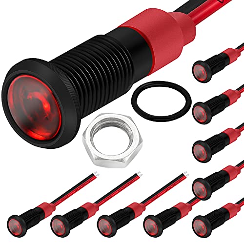 DaierTek 1/4" 12 Volt LED Indicator Light 6mm 12V Red Pilot Lamp IP67 Waterproof Aluminum Metal Material Marine Black Bezel with Wire Leads-10pcs