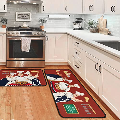 OUXIOAZ Chef Kitchen Rugs and Non Skid Washable Absorbent Microfiber Kitchen Mat for Floor, Kitchen Mat Set of 2 Red Kitchen Decor Stain Resistant 17"x47"+17"x30"