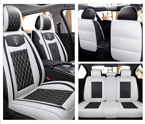 Car Seat Covers Full Set, Super Luxurious Heavy Duty Waterproof Leather Automotive Vehicle Cover for Cars SUV Pick-up Truck, Universal Non-Slip Black White Seat Car Accessories (Full Set/White)