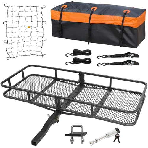 WEIZE Folding Hitch Mount Cargo Carrier Basket 60" x 20" x 6" with Waterproof Bag, Net, Strap, 2-Inch Folding Shank, 500 lbs Capacity Hitch Rack, Steel Construction