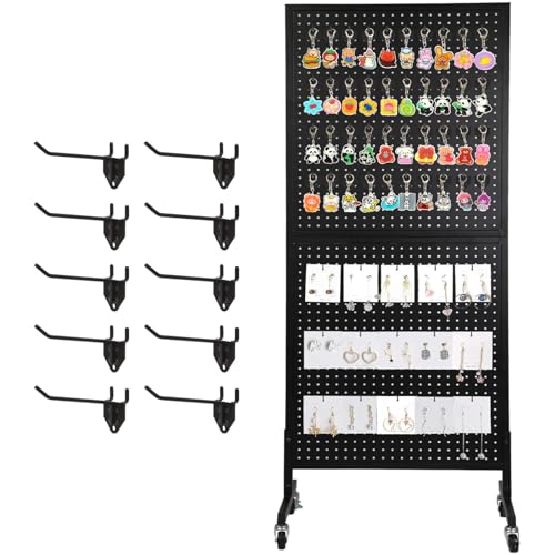NectaCol 2'x 5' Standing Pegboard Display with T-Base, Pegboard Display Stand with Wheels, Metal Peg Board Display Rack, Art Display Stand, Extra 10 Pieces Hooks - Black