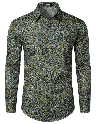 JOGAL Mens 70s Floral Dress Shirt Long Sleeve Printed Casual Button Down Shirts X-Large Navy Yellow