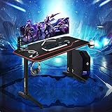 Tangkula 55 Inch Gaming Desk with Free Mouse Pad, T-Shaped Racing Computer Desk, E-Sport Gaming Workstation w/Carbon Fiber Surface, USB Gaming Handle Rack, Cup Holder & Headphone Hook (Black)