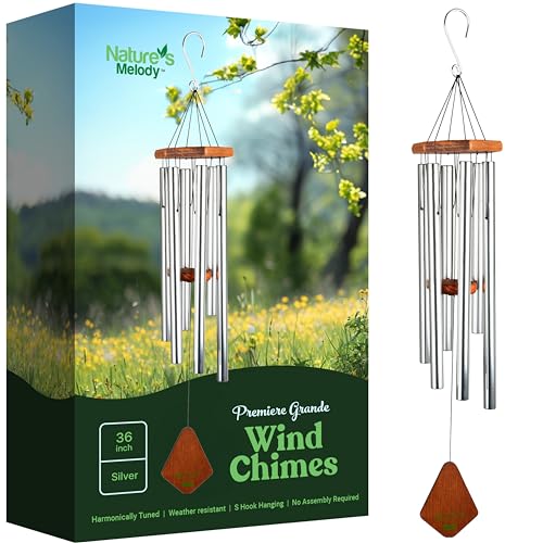 Nature’s Melody Premiere Grande Tunes Wind Chimes – Outdoor Windchime with 6 Tubes Tuned to E Pentatonic Scale, Rustproof Aluminum, Beech Wood & S Hook Hanger for Sympathy, Memorial Gift or Zen Garden