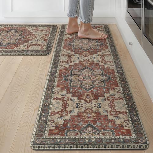 GENIMO Kitchen Mats for Floor 2PCs, Washable Anti Fatigue Mat for Cushioned, 17.3"x59"+17.3"x30", Waterproof Kitchen Rugs, Non Slip Comfort Standing Mat Rug for Home, Sink, Laundry, Bordeaux