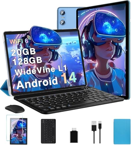 2025 Android 14 Tablet, 10 Inch Tablets 20GB RAM+128GB ROM+1TB Expand, Octa-Core Android Tablet with Keyboard, Mouse, HD IPS Touchscreen, 6000mAh, BT 5.0, WiFi 6, Widevine L1, Split Screen -Blue