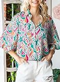 Astylish Women Casual Chic Lantern Sleeve Button Down Blouse Beautiful Flattering Modern V-Neck Print Shirt Red XX-Large