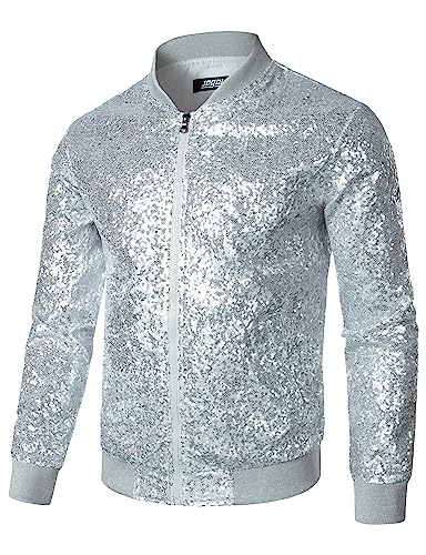 JOGAL Mens Sequins Nightclub Styles Zip up Varsity Baseball Bomber Jacket Medium A346 Silver