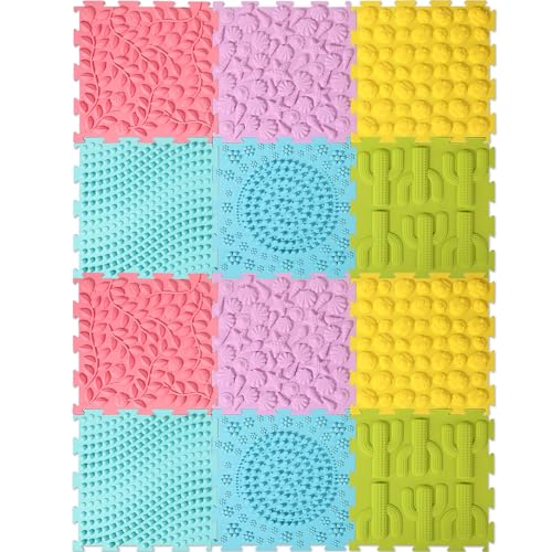 Shappy 12 Pcs Sensory Mat Floor Massage Game Mats for Kids and Adult Sensory Tiles Orthopedic Massage Autistic Children Puzzle Carpet Room Items Indoor, Multicolor