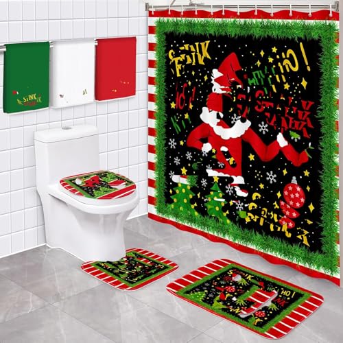 Happynow 7Pcs Christmas Bathroom Sets Shower Curtain Rug Mat Toilet Lid Cover Towel Xmas Bath Room Decor Accessories with 12PCS Hooks