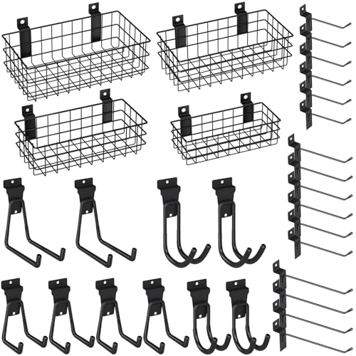 INCLY 30PCS Slatwall Accessories Set, Includes 4 Pack Ventilated Metal Wire Slatwall Baskets and 26PCS Multisized Heavy Duty Slatwall Hooks for Garage Rooms Shops Storage Organizing Display