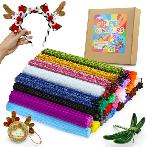 Veroave 1500pcs Pipe Cleaners, 30 Colors Thick Pipe Cleaners Craft, Multi-Color Chenille Stems, Glitter Craft Pipe Cleaners, Long Pipe Cleaners for Christmas Halloween, Art and Craft Supplies