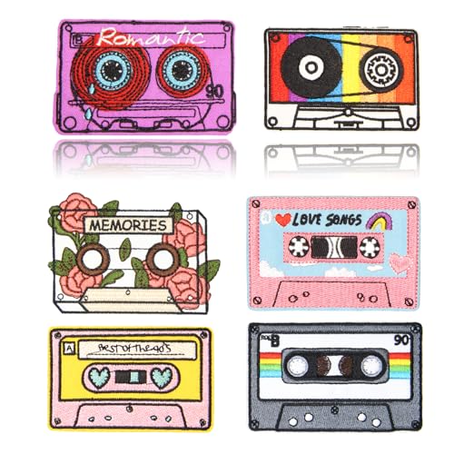 HEYTRCO 6PCS Cartoon Tape Iron on Patches, Cute Vintage 90's Retro Cassette Vibes Mixtape Embroidered Repair Patches for Clothes, Classic Applique for Hats, Jeans, Jackets, Backpacks, Shoes