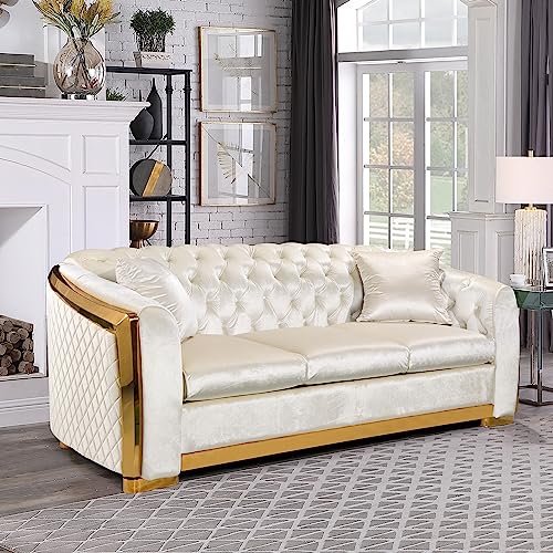 Olodumare Golden Trimmed Chesterfield Sofa for Living Room, Modern Elegant 81'' Button Tufted Curved Arm Velvet Couch with Golden Legs for Lounge, Extra Higher Backrest, Easy Assembly, Cream Beige