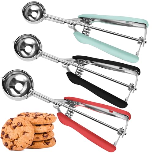 JUNADAEL J Cookie Scoop Set, Cookie Scoops for Baking Set of 3, Cookie Dough Scoop, 1 Tablespoon/ 2 Tablespoon/ 3 Tablespoon, Red/Black/Mint Handle, For Cookie, Cupcake, Muffin, Ice Cream,Truffles