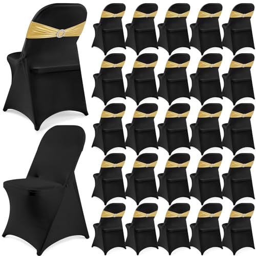 Preboun 50 Pack Folding Chair Cover Set with 25 Spandex Chair Slipcovers 25 Sequin Chair Sashes Bow Washable Chair Protector Chair Cover for Party Wedding Banquet Event (Black and Gold)