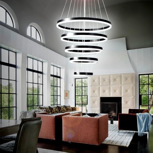 EMBRING LEDModern Led 5 Rings Black Chandelier for Dining Room,Dimmable with Remote,Acrylic Adjustable Circle Lighting Fixture Ceiling Hanging Modern LED Pendant Light