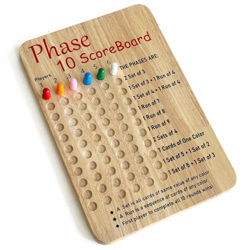 Tuiiopoli Phase 10 Score Board, Hardwood Scoreboard with 6 Colored Pegs Wooden Score Sheets Phase 10 Tracker Board Party Family Night Oak Accessories Board