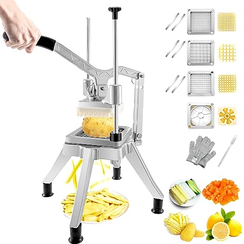 VEVOR Commercial Vegetable Chopper w/ 4 Replacement Blades, Stainless Steel French Fry Cutter Potato Dicer & Fruit Slicer for Restaurants & Home Kitchen