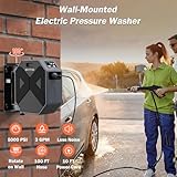 BAYOTAK Electric Pressure Washer, 5000 PSI 3.0 GPM Wall Mounted Power Washer, Remote Control with 100 FT Retractable Hose, Foam Cannon, Nozzles for Cars/Garage/Patio, Gray