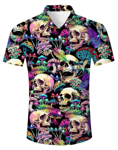 RAISEVERN Mens Button Down Shirts Casual Skull Floral Short Sleeve Summer Skeleton Beach Mushroom T-Shirts
