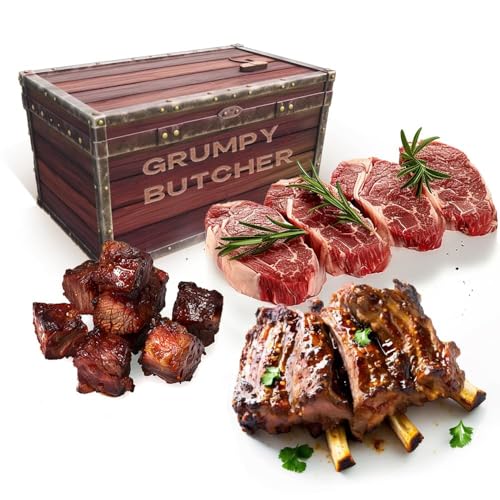Grumpy Butcher Variety Steak House Meat Box - 4 Sirloin Steaks, Smoked Beef Brisket & Braised Wagyu Beef Short Ribs - Grumpy Food Gifts Gourmet Gift Baskets
