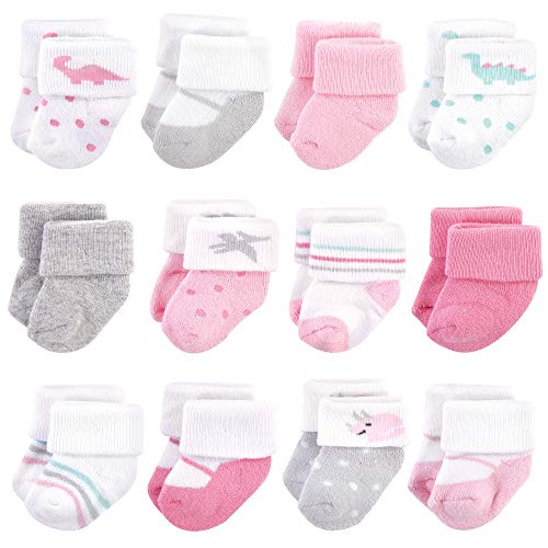 Hudson Baby Unisex Cotton Rich Newborn and Terry Socks, Girl Dino, 0-3 Months