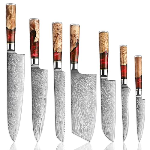 SENKEN 7-Piece Damascus Kitchen Knife Set - Tsunami Collection - 67-Layer Japanese VG10 Steel - Chef's Knife, Cleaver, Santoku, Bread, Boning, & More (Red Resin Blend)