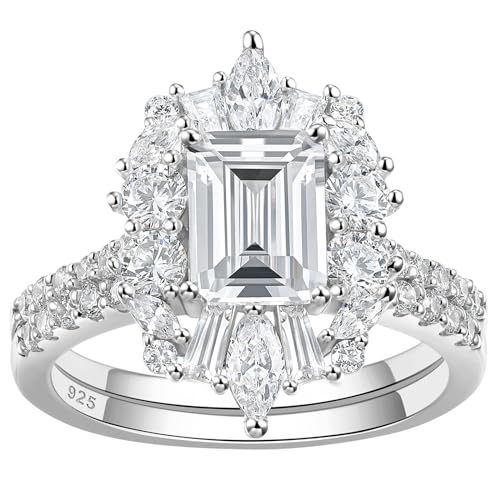 Blongme 3 CT Vintage Emerald Cut Wedding Ring Set Engagement Rings for Women 925 Sterling Silver AAAAA Cubic Zirconia Size 8