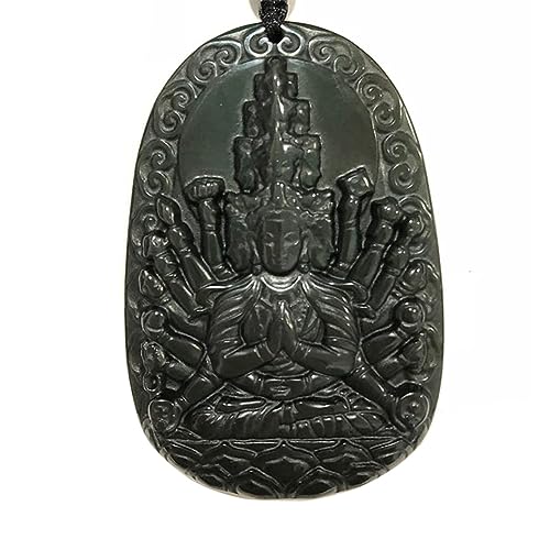 Black Obsidian Necklace-Thousands of hands Jade Guanyin Buddha Pendant Necklace,Zodiac Genus mouse Jade Buddha guard Amulet Necklace(Certificate)