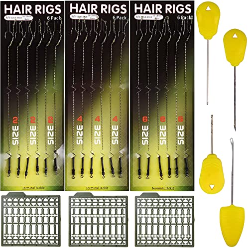 Carp Fishing Hair Rigs Boilie Stopper Kit, 18pcs Curved Barbed Carp Hooks Rig with 3 Card Boilie Bait Stops and 4pcs Needle Tool Carp Fishing Equipment