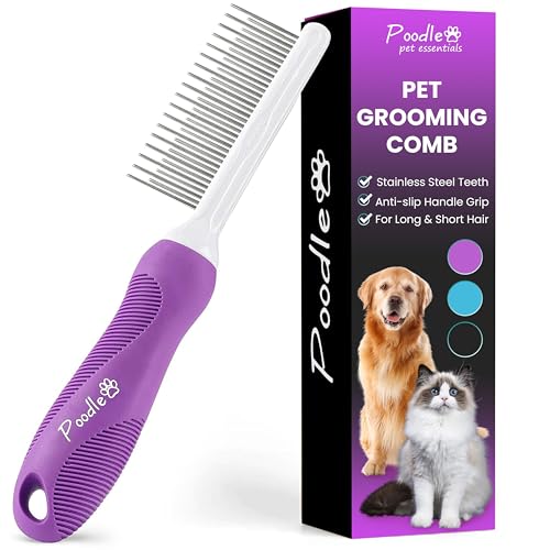 Poodle Pet Detangling Pet Comb with Long & Short Stainless Steel Teeth for Removing Matted Fur, Knots & Tangles – Detangler Tool Accessories for Safe & Gentle DIY Dog & Cat Grooming
