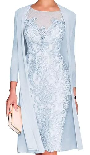3/4 Long Sleeve Mother of Groom Dresses for Women 2024 Winter Lace Applique 2 Pieces Ice Blue Wedding Guest Dresses for Women Size 8