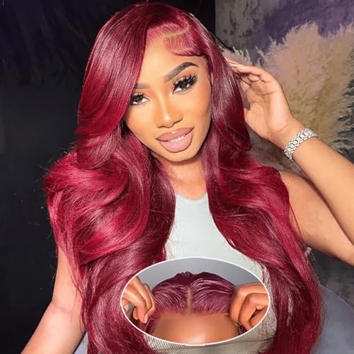 eddfine 99J Burgundy Lace Front Wigs Human Hair 250% Density Body Wave 5x5 HD Lace Closure Wigs Human Hair Wine Red Glueless Wigs Human Hair Pre Plucked Pre Cut Burgundy Wig 26 Inch