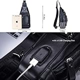 BULLCAPTAIN Genuine Leather Sling Bag with USB Charging Port Multi-pocket Chest Bag for Men Hiking Travel Daypack XB-129 (Magic Black)