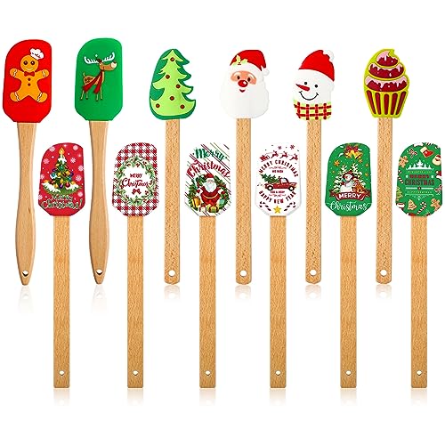 Patelai Christmas Silicone Spatula Xmas Cake Spatula with Wooden Handle Snowmen Pancake Cute Pan Scraper Xmas Dish Scraper Cooking Spatulas for Kitchen Mixing Cooking (Lovely Style,12 Pieces)