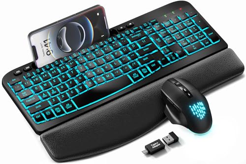 SABLUTE Wireless Keyboard and Mouse Combo - Ergonomic Wave Keyboard with Soft Leather Wrist Rest, Phone Holder, Rechargeable, RGB Backlit Mouse, Full-Size Set for Windows/Mac/Computer (Black)