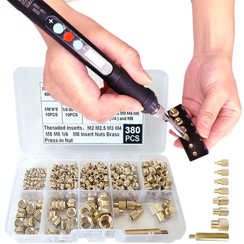 60W Digital Soldering Iron with Heat Set Insert Tool Tips and 380 Pcs Kit Threaded Inserts M2 M2.5 M3 M4 M5 M6(1/4) M8 for inserts 3d printing and plastic