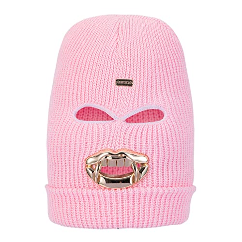 FK FORKICKS Knitted Balaclava Ski Mask - 3 Hole Full Face Winter Warm Beanie with Adjustable Thermal Fleece Lining for Men & Women Outdoor Sports (Skiing/Cycling/Hiking) Pink