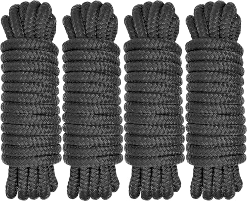 Boat Dock Lines 1/2" x 15' - Double Braided Nylon Boat Ropes for Docking with 12" Loop, Marine-Grade High Strength Boat Lines Dock Rope, Premium Marine Rope Mooring Lines, Easy Handling - 4 Pack,Black