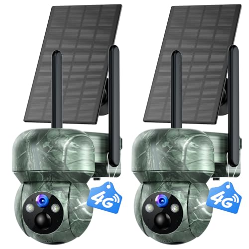 2Pack 4G LTE Cellular Trail Camera Solar: 2K Game Cameras Built-in SIM Card Hunting Cameras Wireless Battery with PTZ 360° Live View & Playback Color Night Vision Motion Activated IP66 for Wildlife