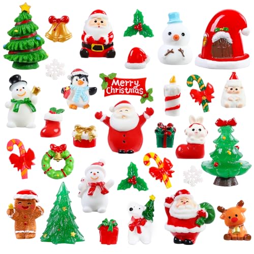 DIYDEC 32Pcs Christmas Miniature Figurines, Mini Resin Figurines to Hide Small Resin Santa Claus Snowman Xmas Trees Animals for Xmas Goodie Bag Fillers Winter New Year Holiday Party Favors Decorations