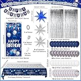 Blue Birthday Decorations for Men Women, Happy Birthday Decorations for Boys Blue Silver Happy Birthday Banner Door Banner, Tablecloth Foil Backdrop Star Balloons Arch for Mens Bday Party Supplies