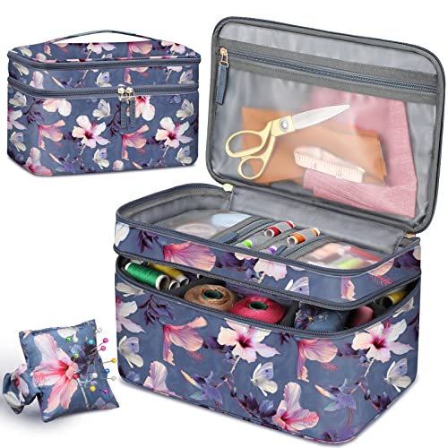 FINPAC Sewing Accessories Storage and Organizer Case, Double-Layer Sewing Kits Carrying Bag with Wrist Pin Cushion for Threads, Needles, Embroidery Floss Supplies, Felting Kits (Blooming Hibiscus)