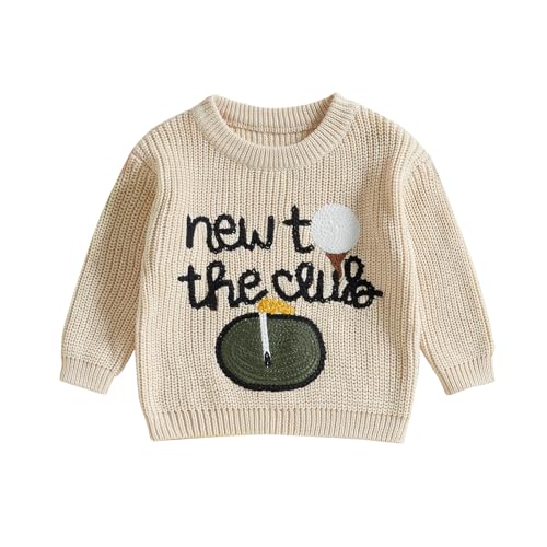 Lenjindjer Toddler Baby Boy Girl Golf Outfits New to The Club Embroidery Long Sleeve Knit Pullover Sweater Birthday Outfits (Beige, 0-3 Months)
